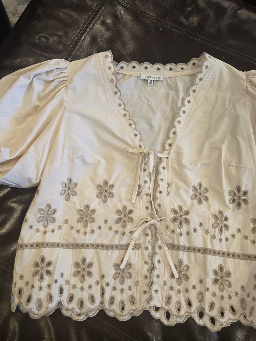 NEW Moon River Cream Embroidered Tie-Front Puff Sleeve Top